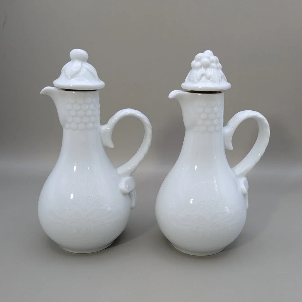 Vintage Jadeborg Germany White Porcelain Oil Vinegar Cruet Set Sugar Bowl 3 Pc